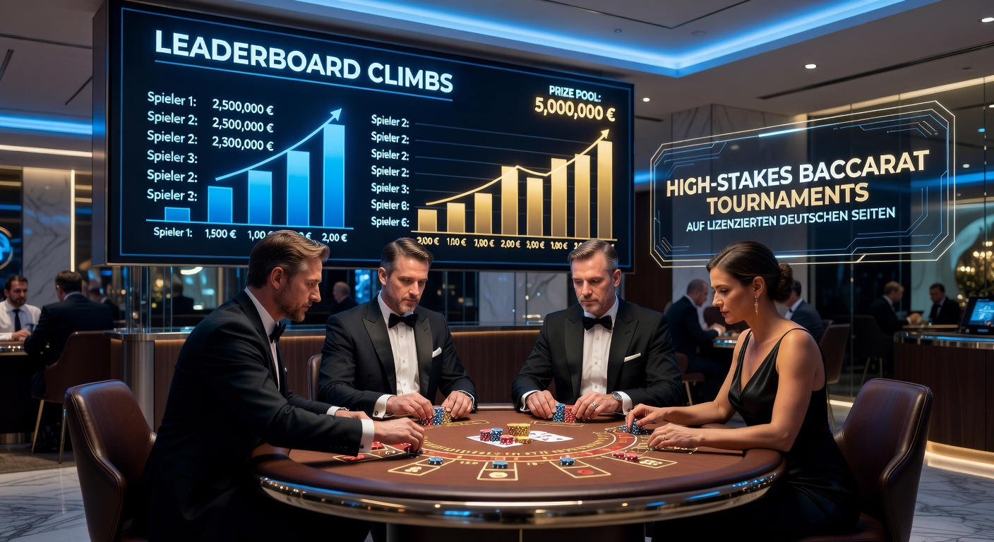 Spieler am High-Stakes Baccarat-Tisch in einem Turnier auf einer lizenzierten deutschen Plattform, mit digitalem Leaderboard im Hintergrund