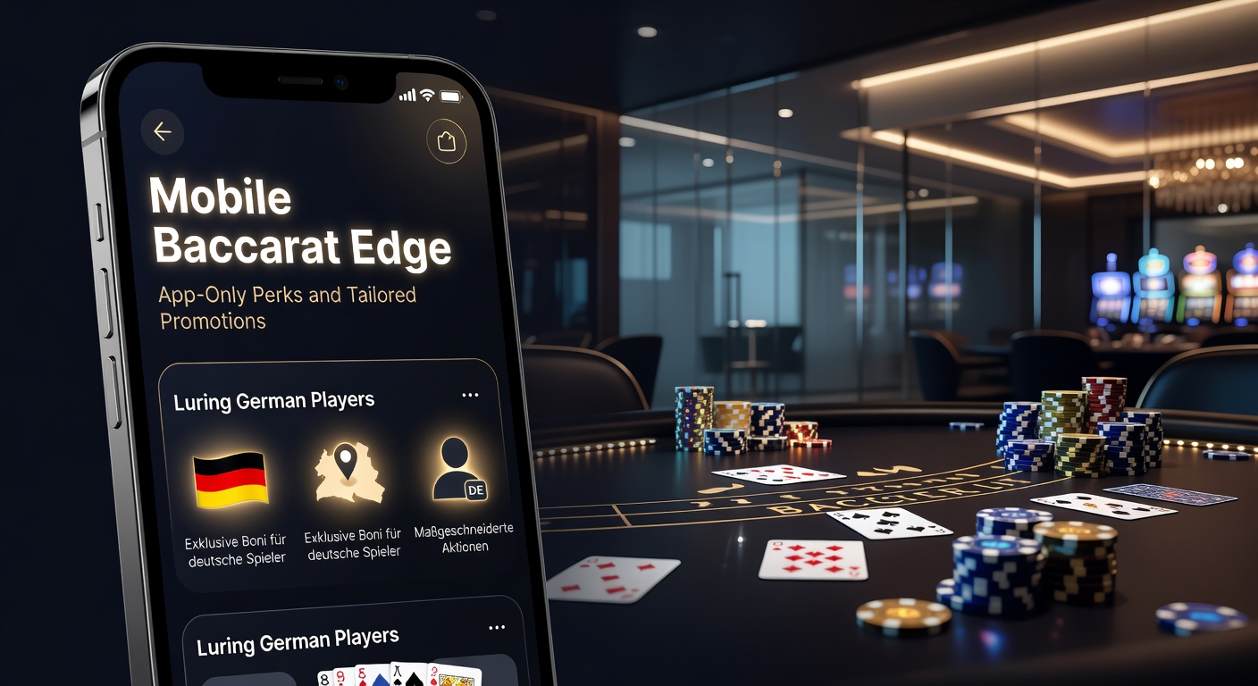 Smartphone mit Baccarat-App im Vordergrund, umgeben von deutschen Flaggen und Promo-Icons, die den mobilen Vorteil illustrieren