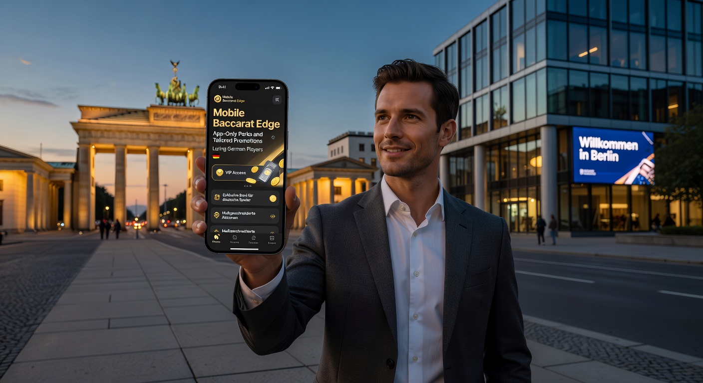 Deutscher Spieler mit Smartphone in der Hand, Baccarat-Tisch auf dem Display und personalisierten Promo-Bannern, die App-Vorteile hervorheben