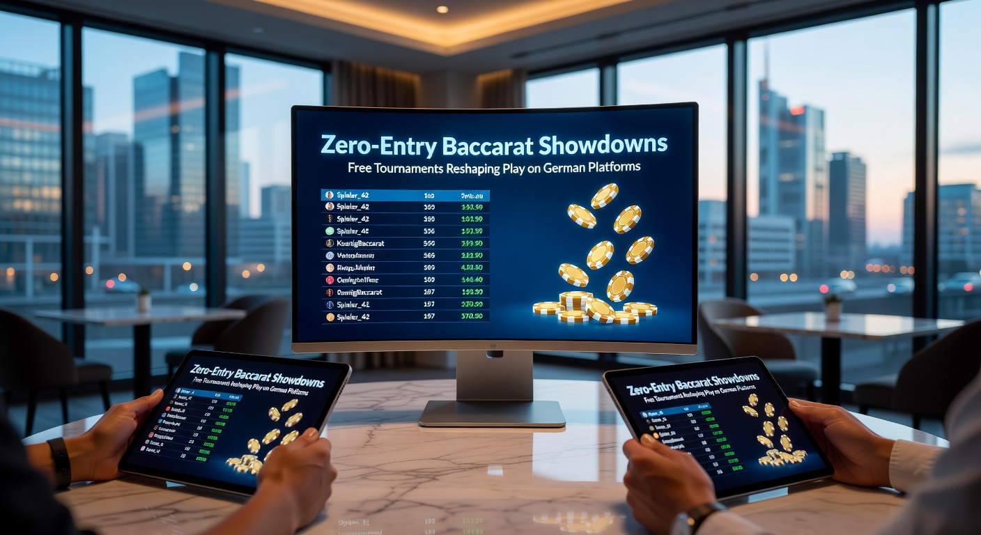 Spieler am Tisch bei einem spannenden Zero-Entry Baccarat-Turnier auf einer deutschen Online-Plattform, mit Leaderboard im Hintergrund